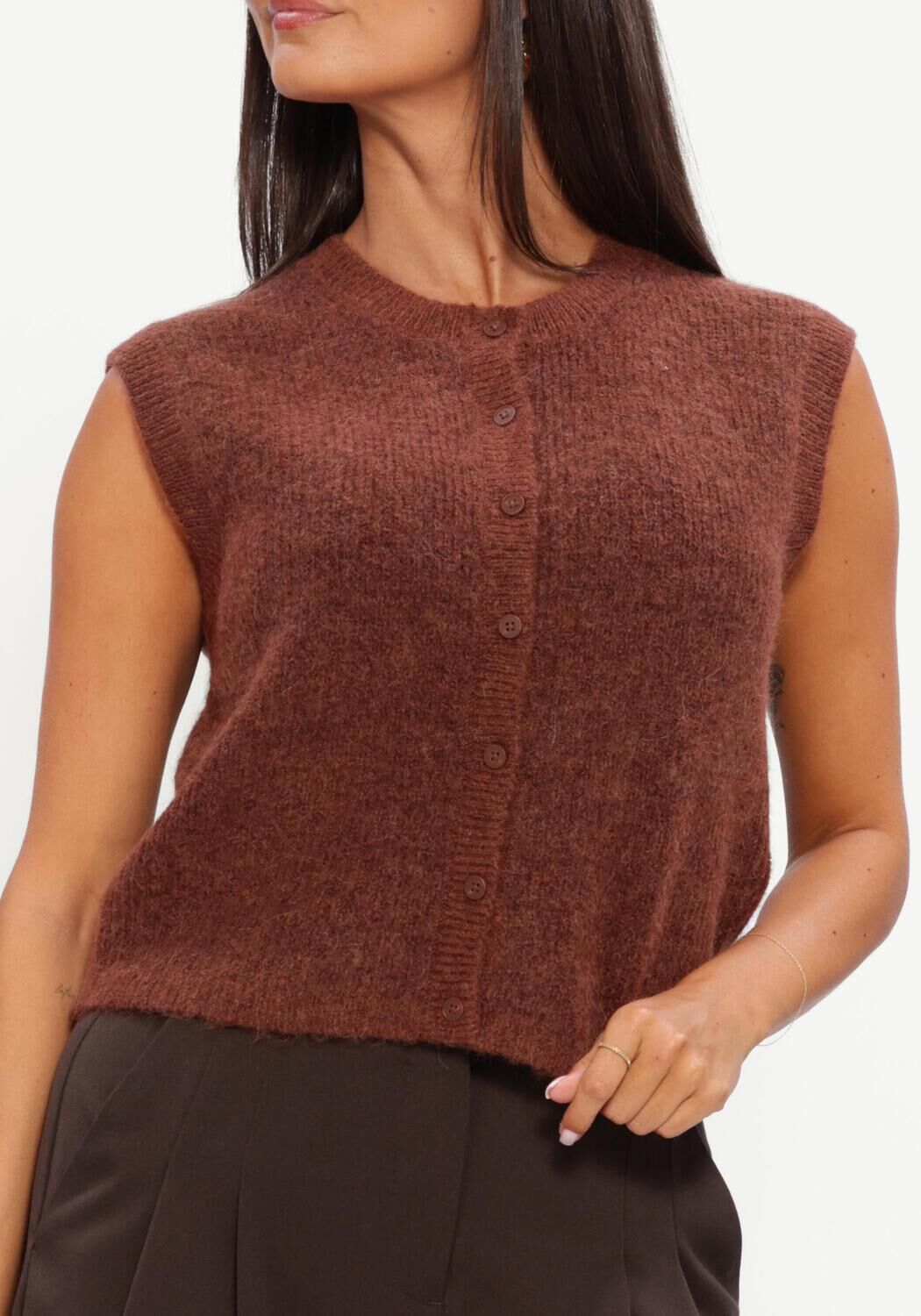 Braune SELECTED WOMEN Pullover SLWLULU SL BUTTON O-NECK VEST - large
