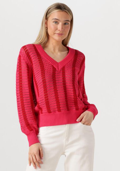 Rote COLOURFUL REBEL Pullover LIZZA CROCHET STRIPE V-NECK SWEATER - large