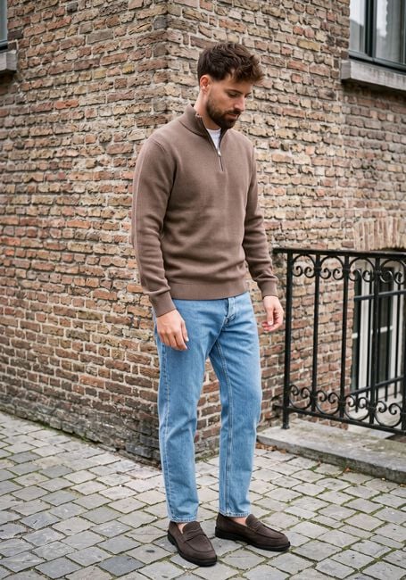 Camelfarbene SELECTED MEN Pullover SLHDANE LS KNIT STRUCTURE HALF ZIP NOOS - large