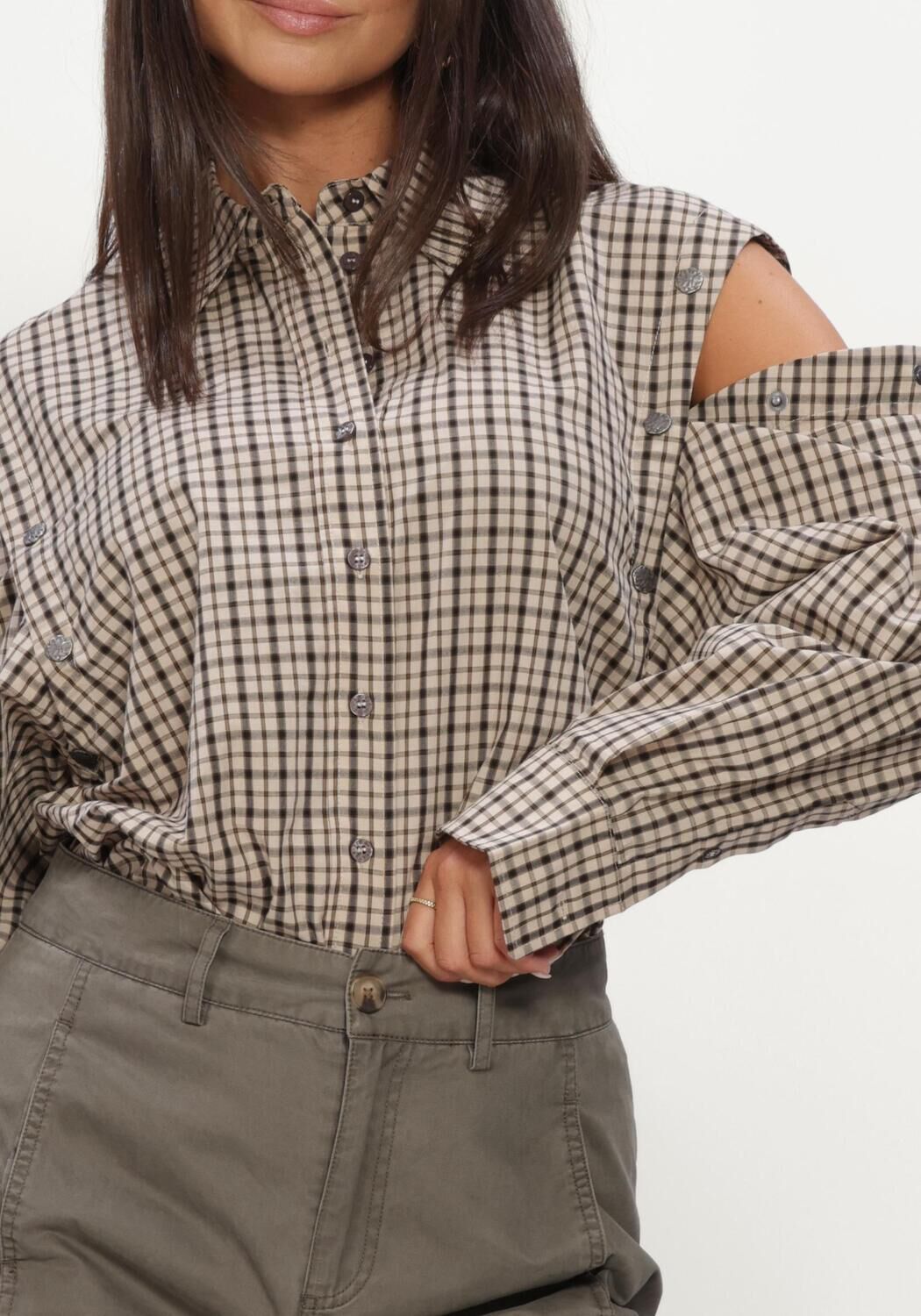 Beige HAUTE L'AMITI&Eacute; Blusen RUBY CHECK BUTTON SLEEVE SHIRT - large