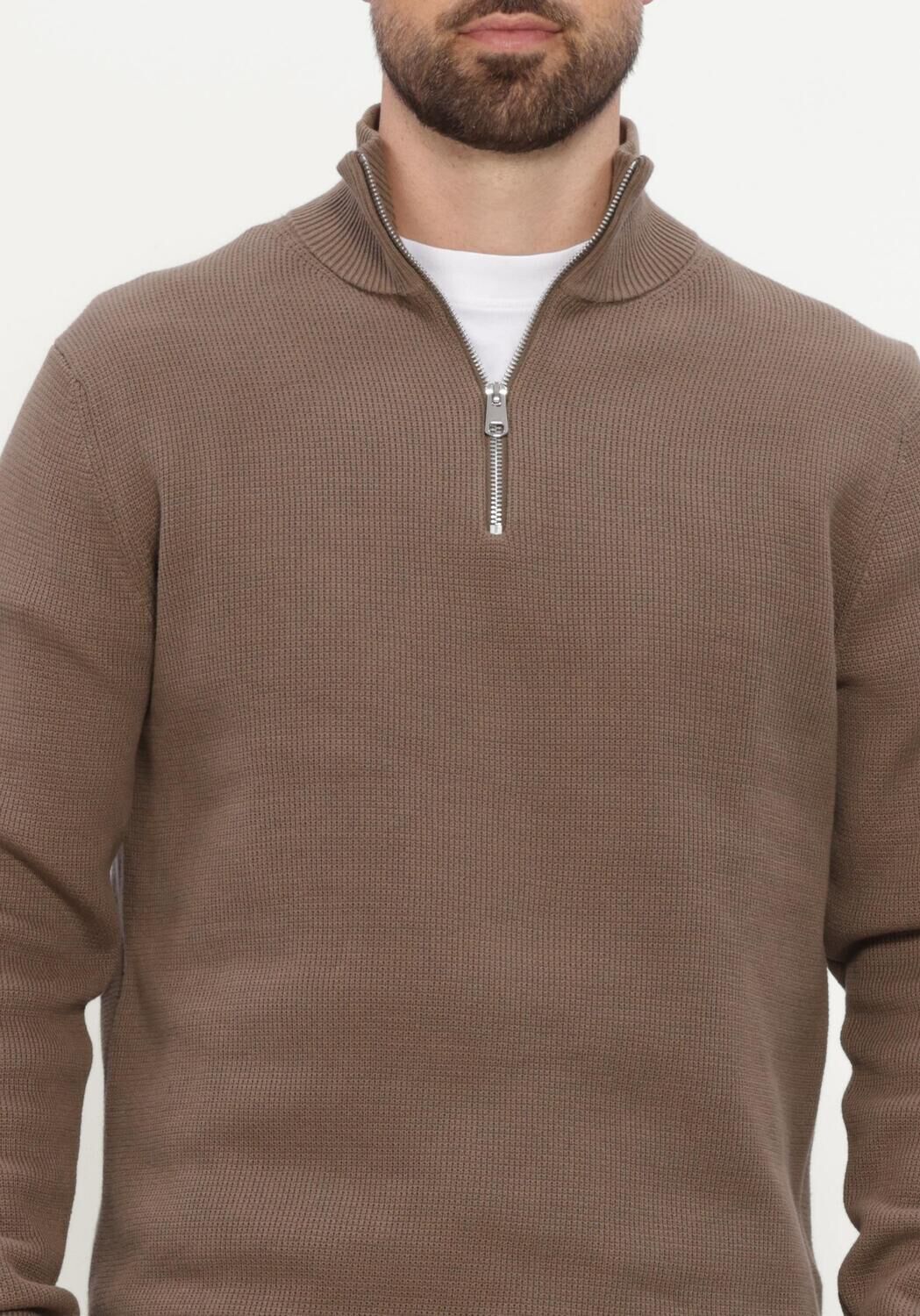 Camelfarbene SELECTED MEN Pullover SLHDANE LS KNIT STRUCTURE HALF ZIP NOOS - large