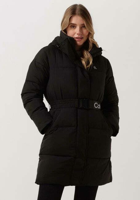 Schwarze CALVIN KLEIN Wattierte Jack LOGO BELT WAISTED LONG PUFFER - large