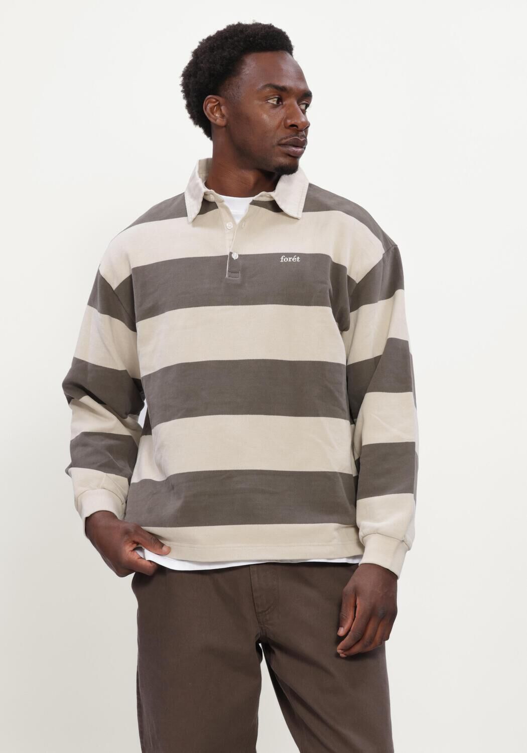 Braune FOR&Eacute;T Polo-Shirt MATCH RUGBY SWEATSHIRT WOOD STRIPE - large
