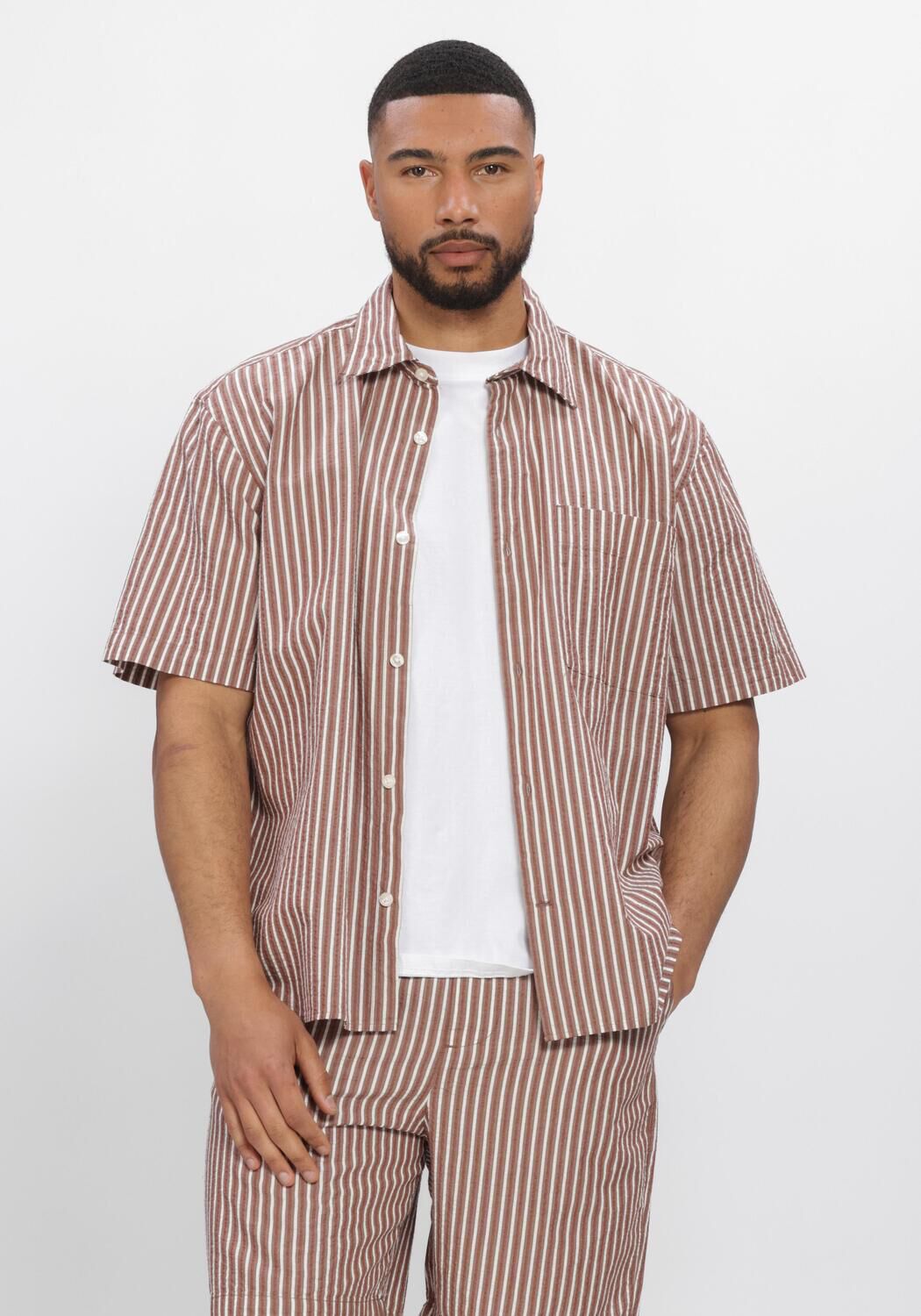 Beige SELECTED MEN Casual-Oberhemd SLHRLXSTUART SEERSUCKER SS  SHIRT - large