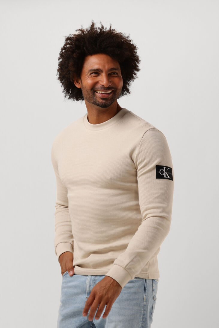beige calvin klein sweatshirt monologo badge waffle ls tee
