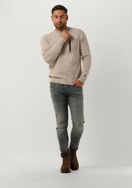 Beige CAST IRON Pullover MOCK NECK ROUGH COTTON POCKET CREW - large