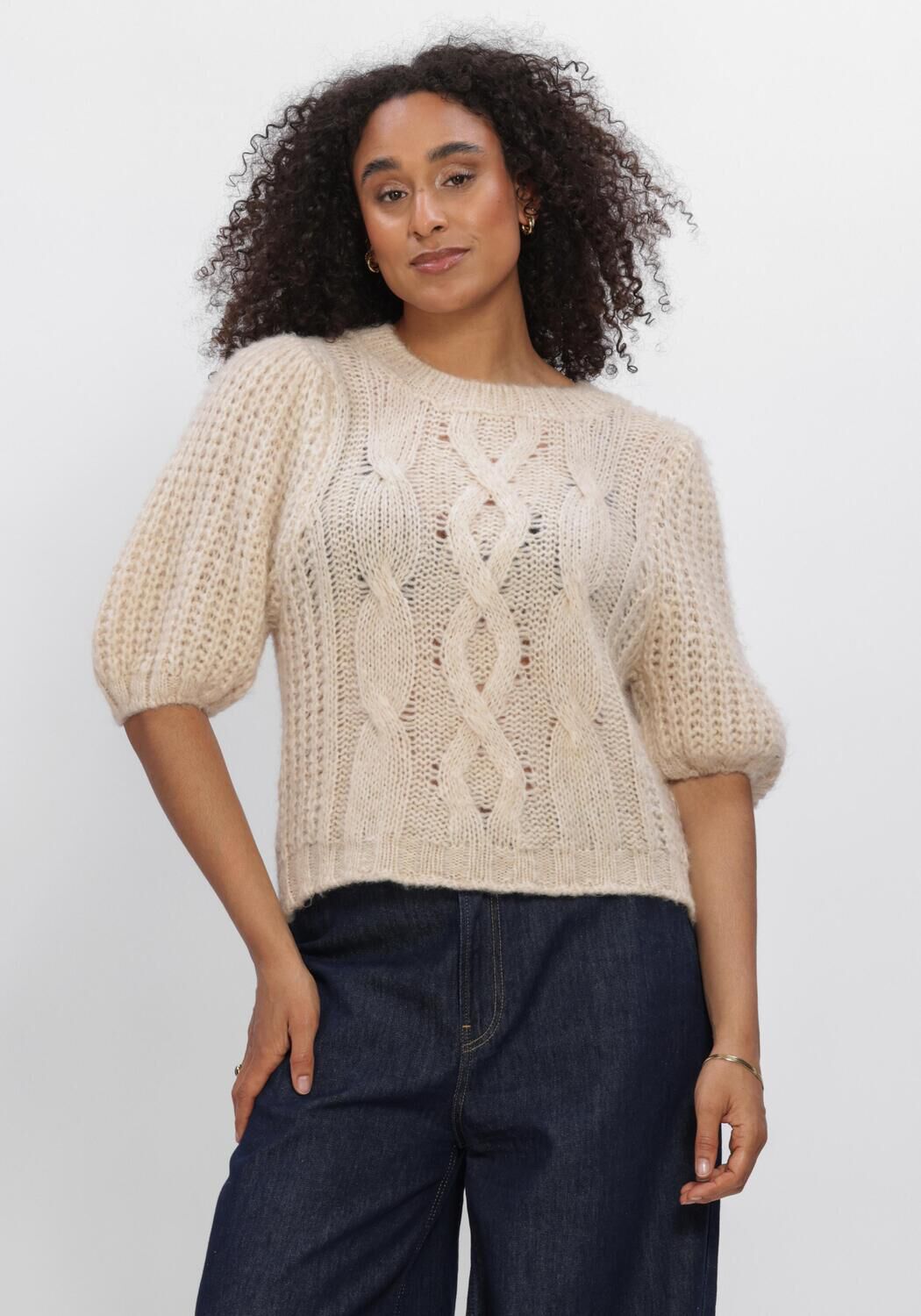 Beige SUMMUM Pullover PUFF SLEEVE SWEATER COZY CABLE KNIT - large