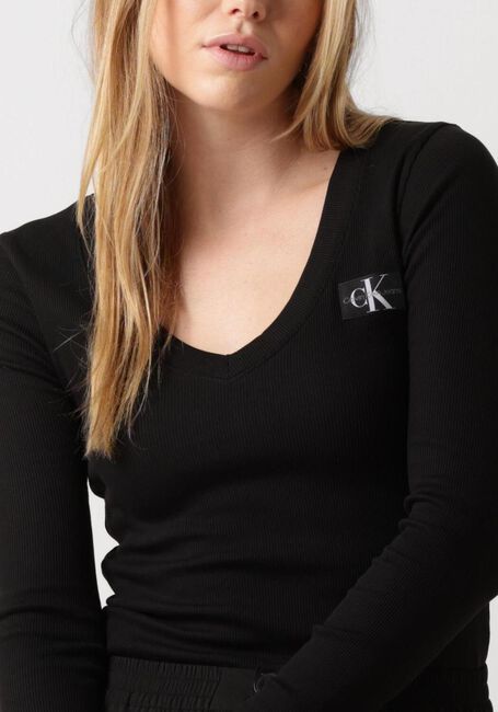 Schwarze CALVIN KLEIN Langarmshirts WOVEN LABEL V-NECK LONG SLEEVE - large