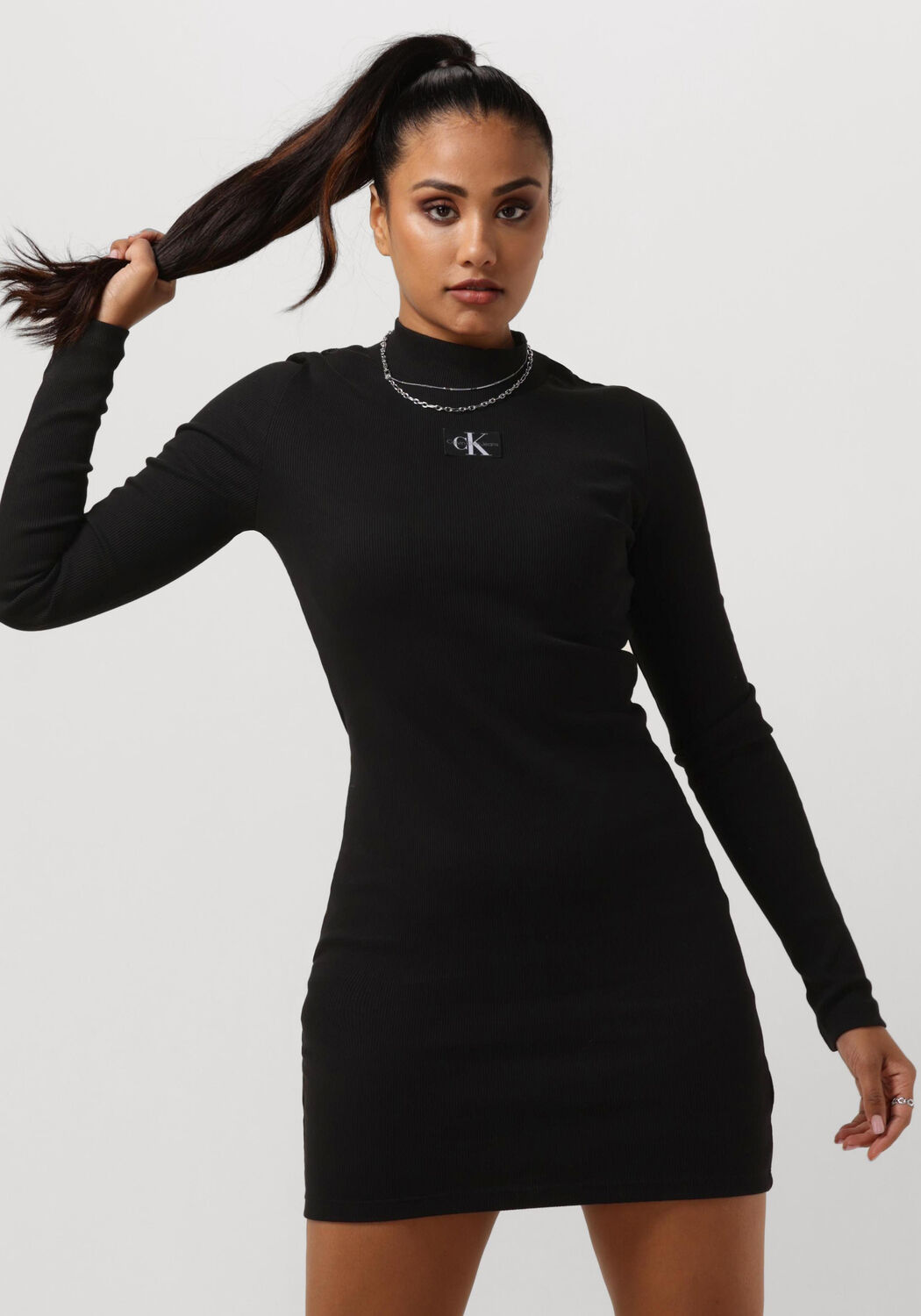 Schwarze CALVIN KLEIN Minikleid WOVEN LABEL RIB LS DRESS | Omoda
