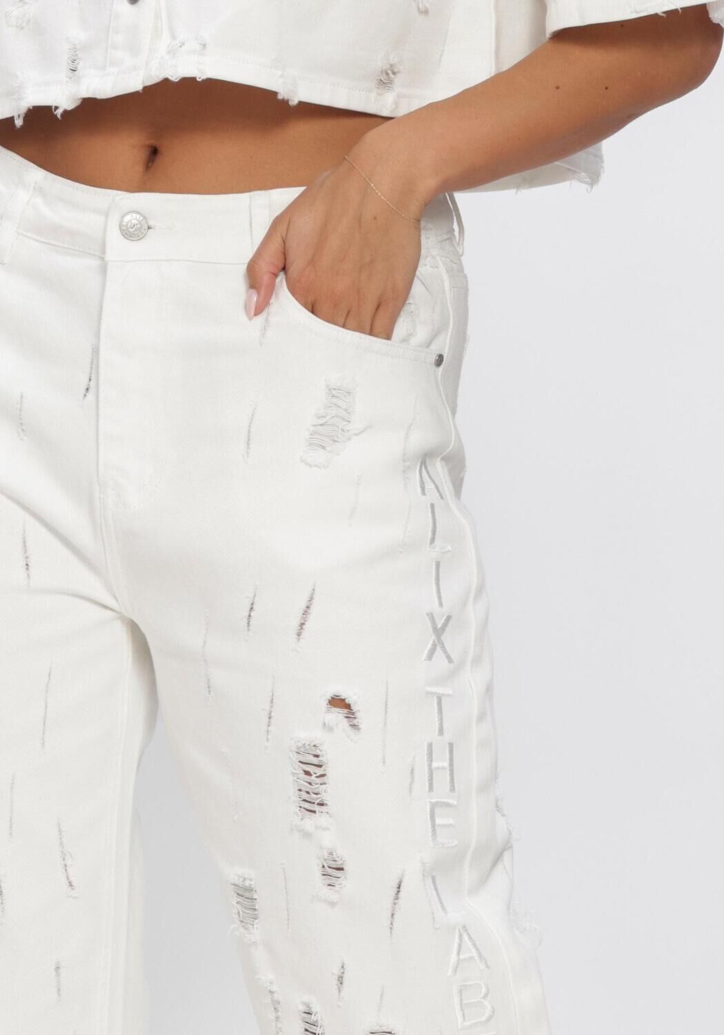 Wei&szlig;e ALIX THE LABEL Weite Hose LADIES WOVEN DAMAGED DENIM PANTS - large