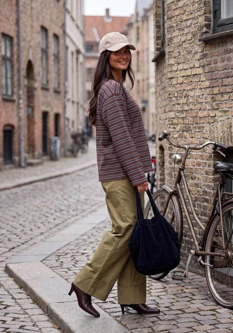 Braune REFINED DEPARTMENT T-shirt LADIES KNITTED OVERSIZED STRIPED LONGSLEEVE AMELIE - large
