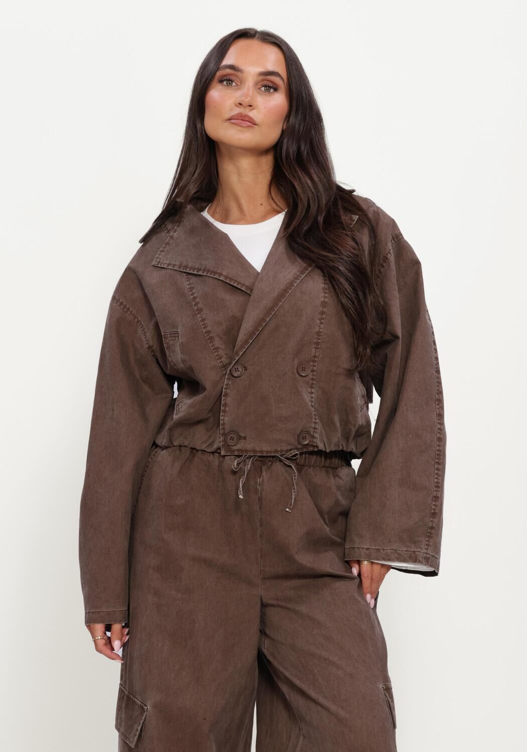 Braune REFINED DEPARTMENT Jeansjacke LADIES WOVEN WASHED BOMBER TRENCHCOAT JOLANDA - large