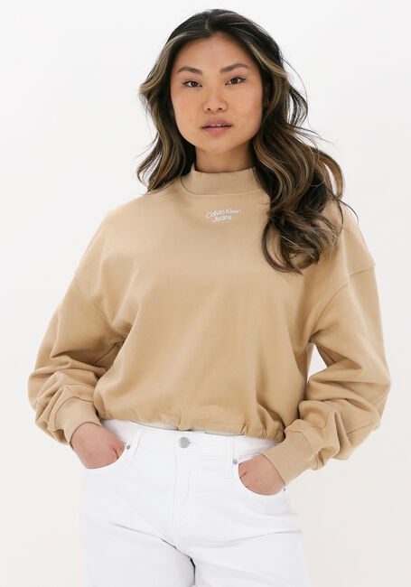 Sand CALVIN KLEIN Sweatshirt STACKED LOGO MOCKNECK SWEATSHIRT - large