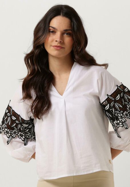 Weiße JANSEN AMSTERDAM Bluse CV777 COTTON VOILE BLOUSE WITH BLACK/WHITE LACE DETAIL 3/4 SLEEVE - large