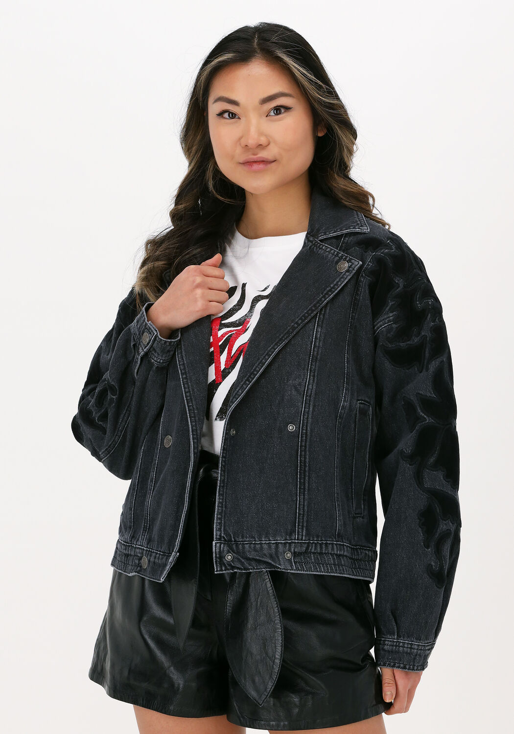 schwarze alix the label jeansjacke ladies woven denim biker jacket