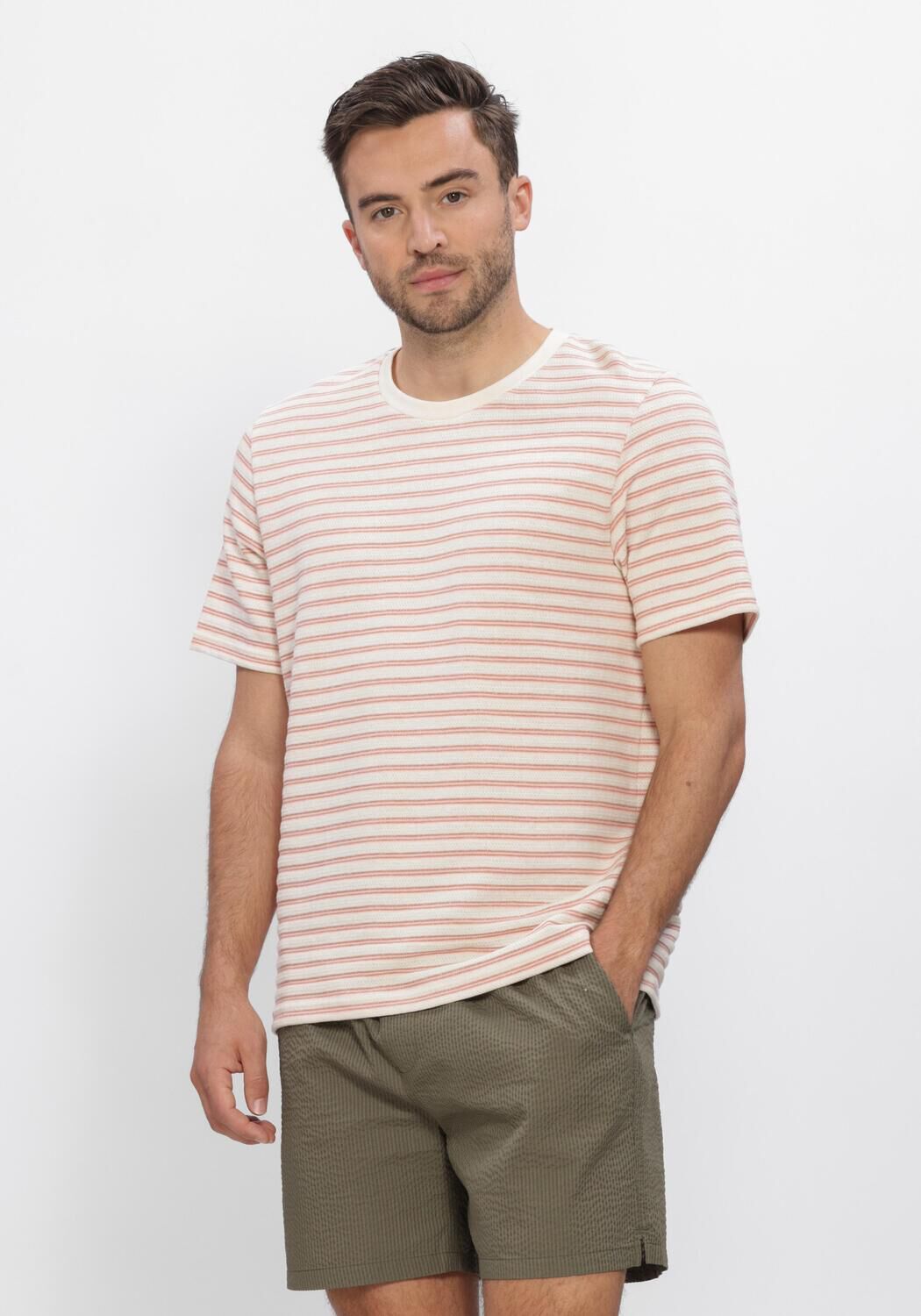 Beige SELECTED MEN Polos & T-Shirts SLHKEVIN STRIPE SS O-NECK TEE - large