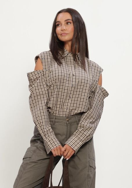 Beige HAUTE L'AMITI&Eacute; Blusen RUBY CHECK BUTTON SLEEVE SHIRT - large