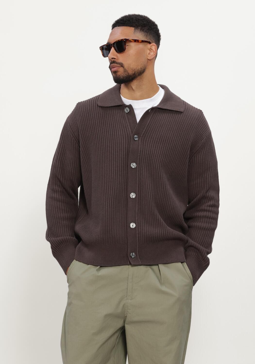 Braune SELECTED MEN Pullover LMDRY LS RIB POLO CARDIGAN - large