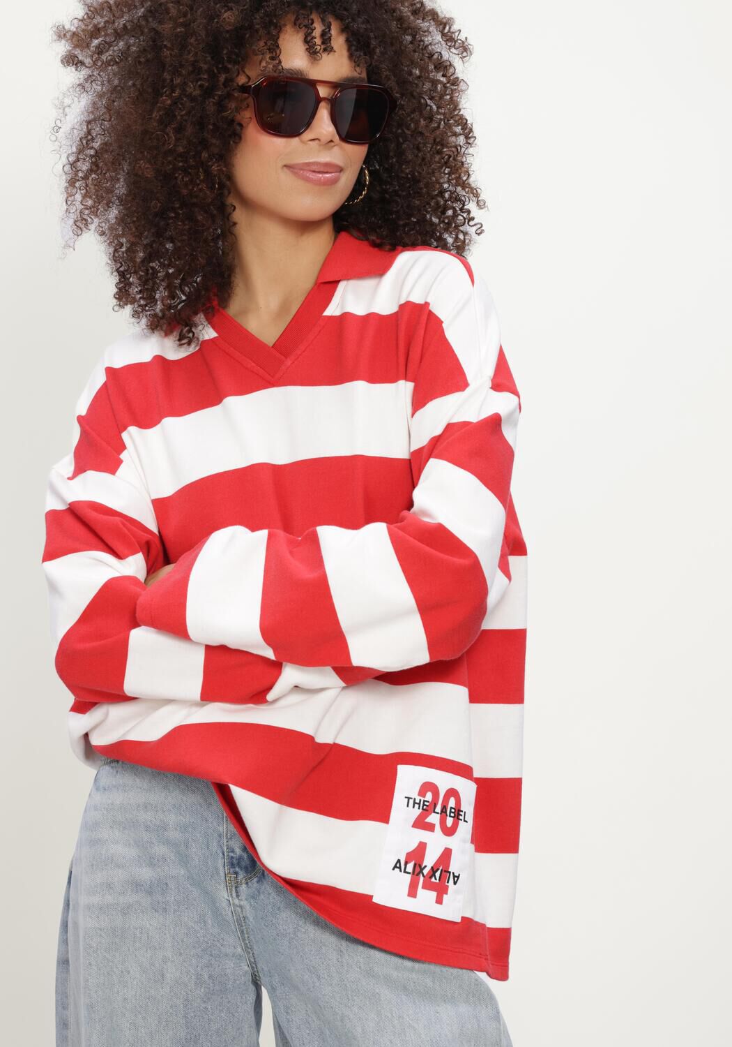 Rote ALIX THE LABEL Pullover & Cardigans LADIES KNITTED BLOCK STRIPE POLO SWEATER - large