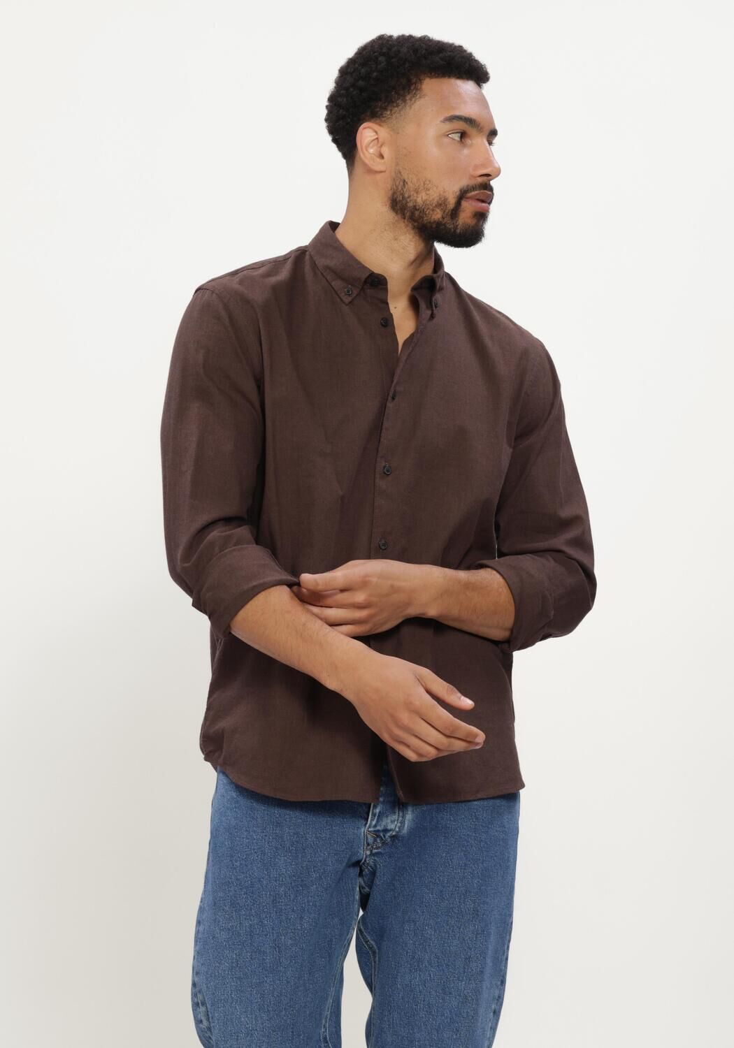 Braune SELECTED MEN Casual-Oberhemd SLMREGCOLE JAY MELANGE LS SHIRT NOOS - large