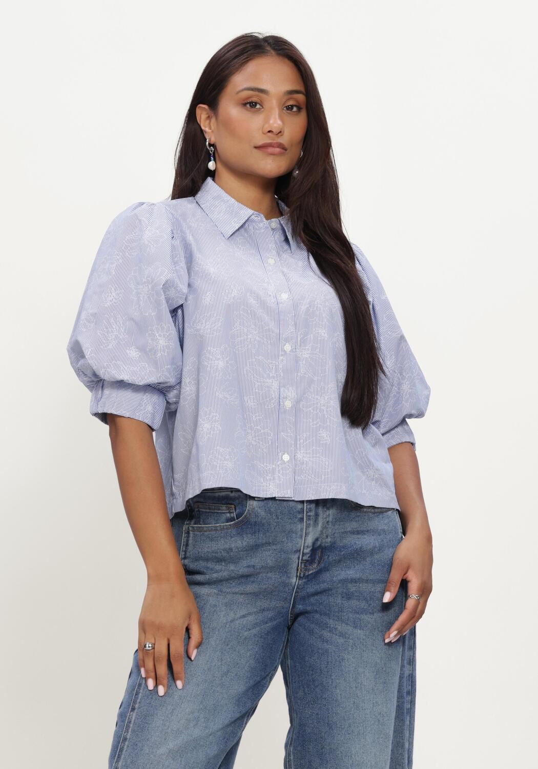 Blaue NEO NOIR Blusen ETTA FLOWER STRIPE SHIRT - large