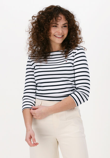 Weiße TOMMY HILFIGER T-shirt SLIM STP BOAT-NK TOP 3/4 SLV - large