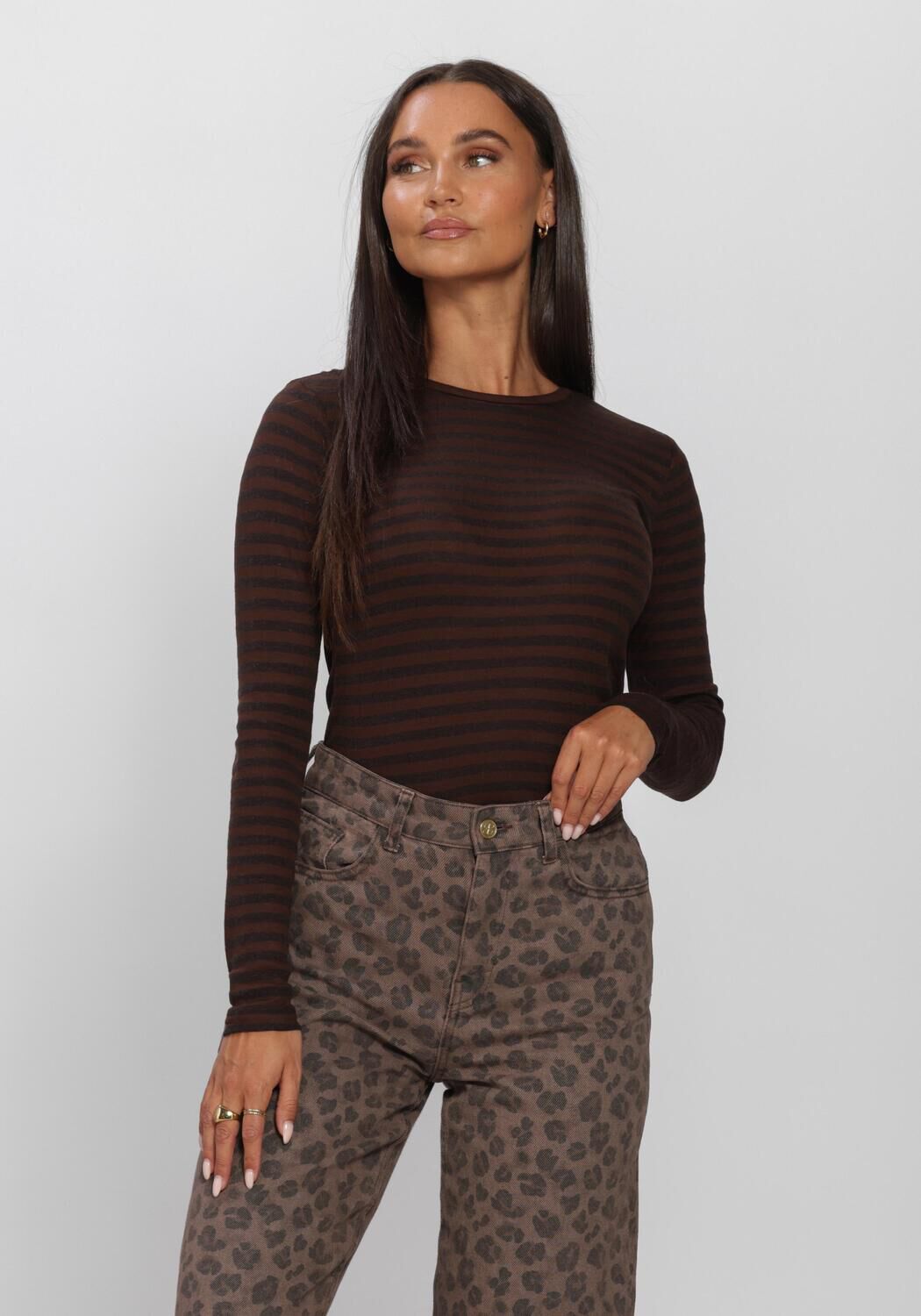 Braune BY-BAR Top BASIC LS MELANGE STRIPE TOP - large
