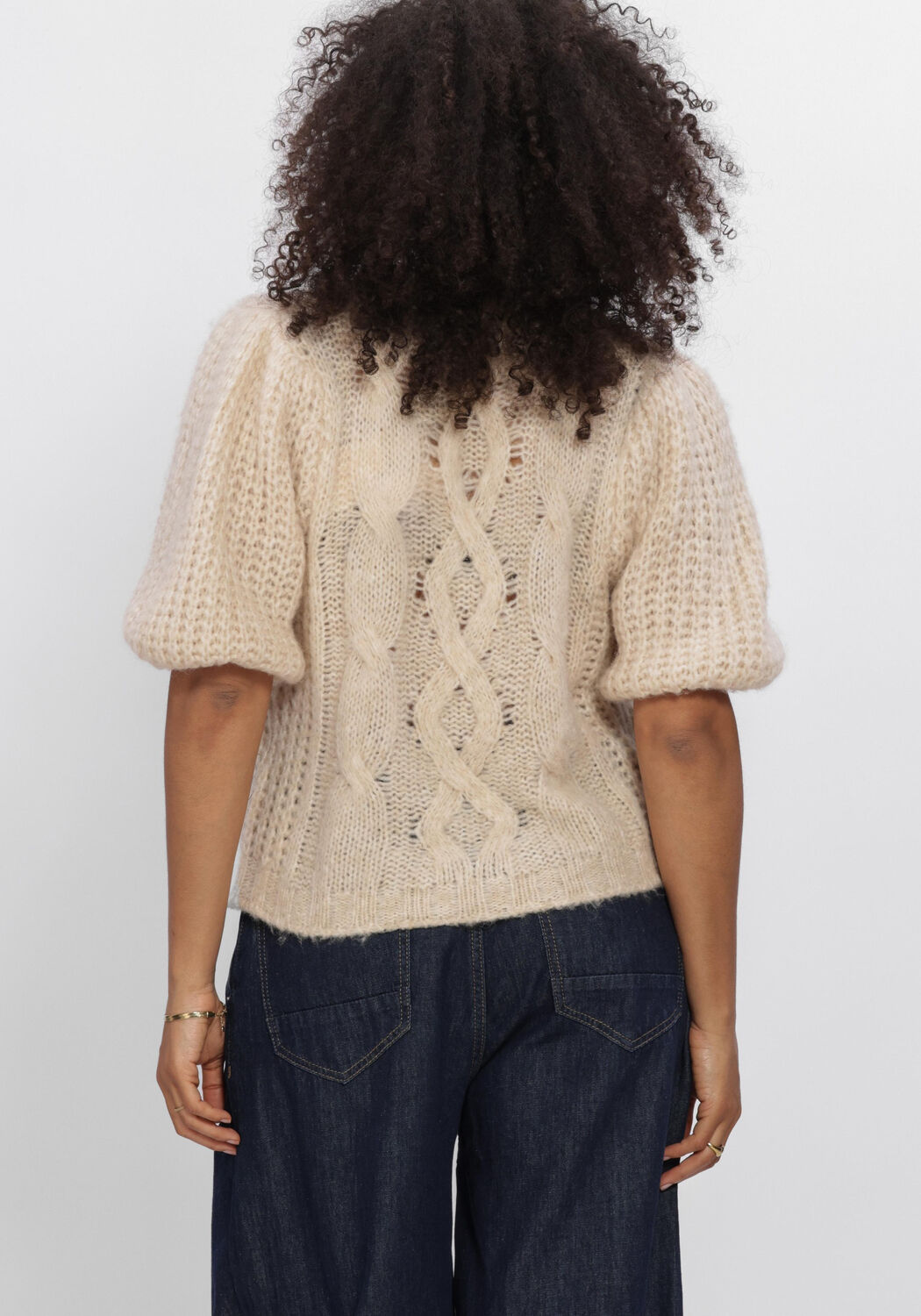 Beige SUMMUM Pullover PUFF SLEEVE SWEATER COZY CABLE KNIT - large