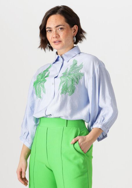Blaue JANSEN AMSTERDAM Blusen ODESSA BLOUSE FS 707 3/4 PUFFED SLEEVE GREEN EMBROIDERY - large