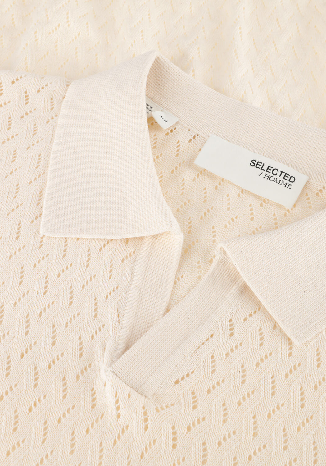 Ecru SELECTED MEN Polo-Shirt SHLINO SS KNIT CROCHET OPEN POLO - large