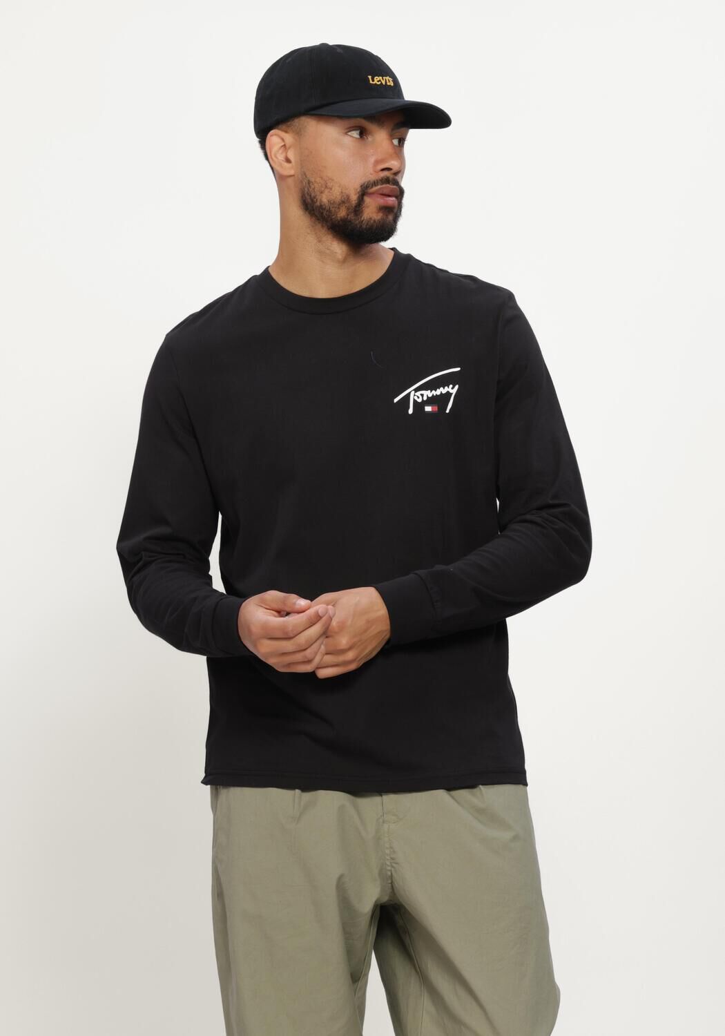 Schwarze TOMMY JEANS T-shirt TJM SLIM SIGNATURE CHEST TEE LS - large