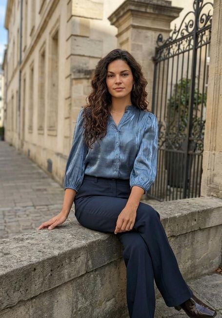 Blaue JANSEN AMSTERDAM Blusen BO BLOUSE SQL 782 3/4 PUFF SLEEVE - large