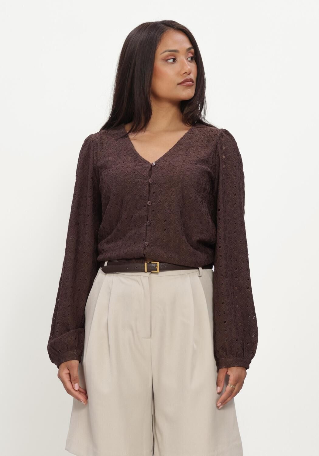 Braune OBJECT Top OBJLAILA L/S V-NECK TOP NOOS - large