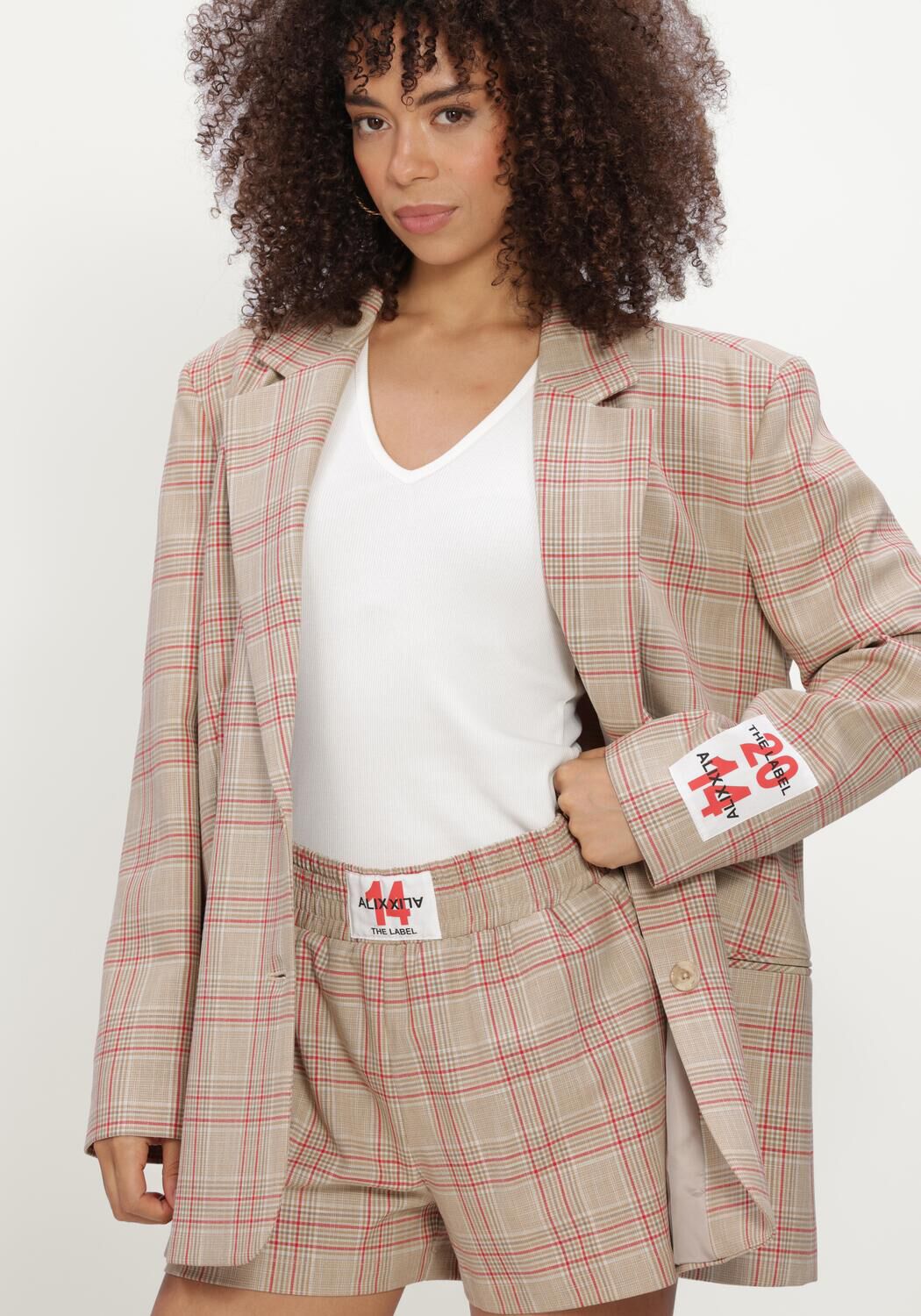 Sand ALIX THE LABEL Blazer LADIES WOVEN OVERSIZED CHECK BLAZER - large