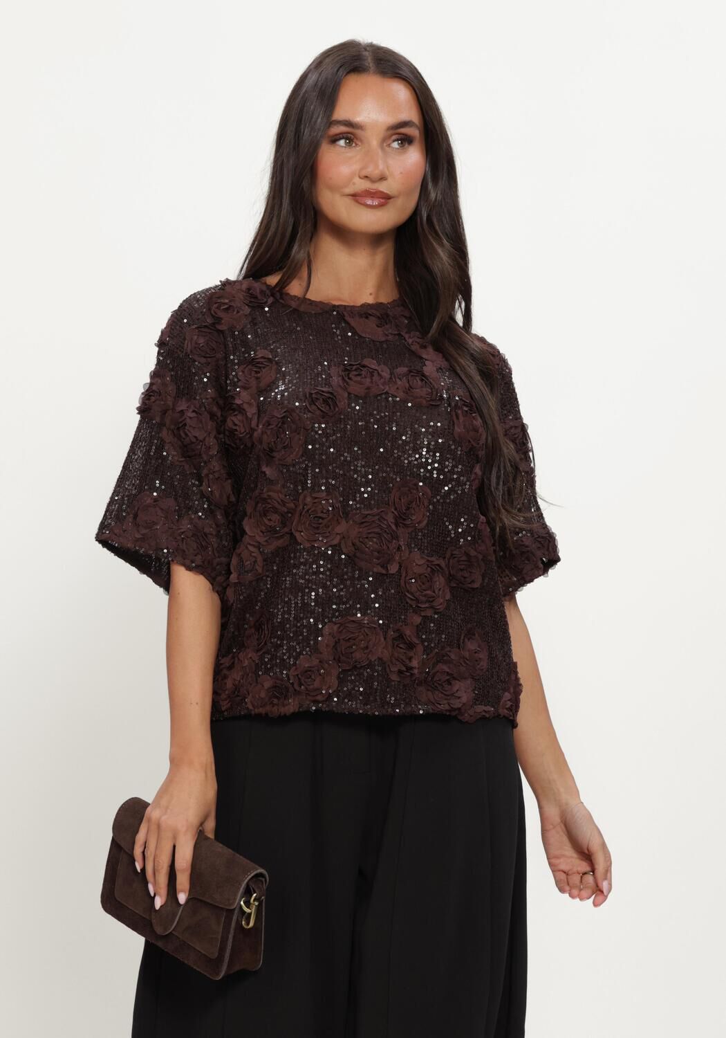 Braune Y.A.S. Top YASELYSIA 3/4 SEQUIN TOP - large