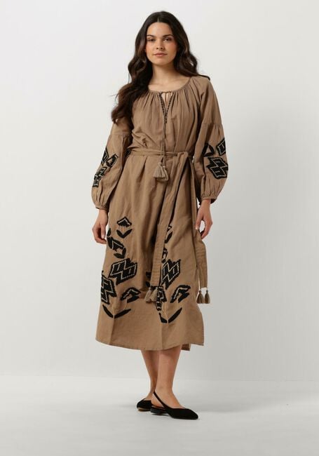 Braune SUMMUM Midikleid DRESS LINNEN HEAVY EMBROIDERY - large