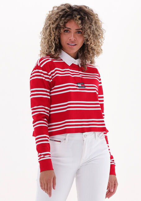 Rote TOMMY JEANS Langarmshirts TJW BXY CROP BADGE STRIPES POLO - large