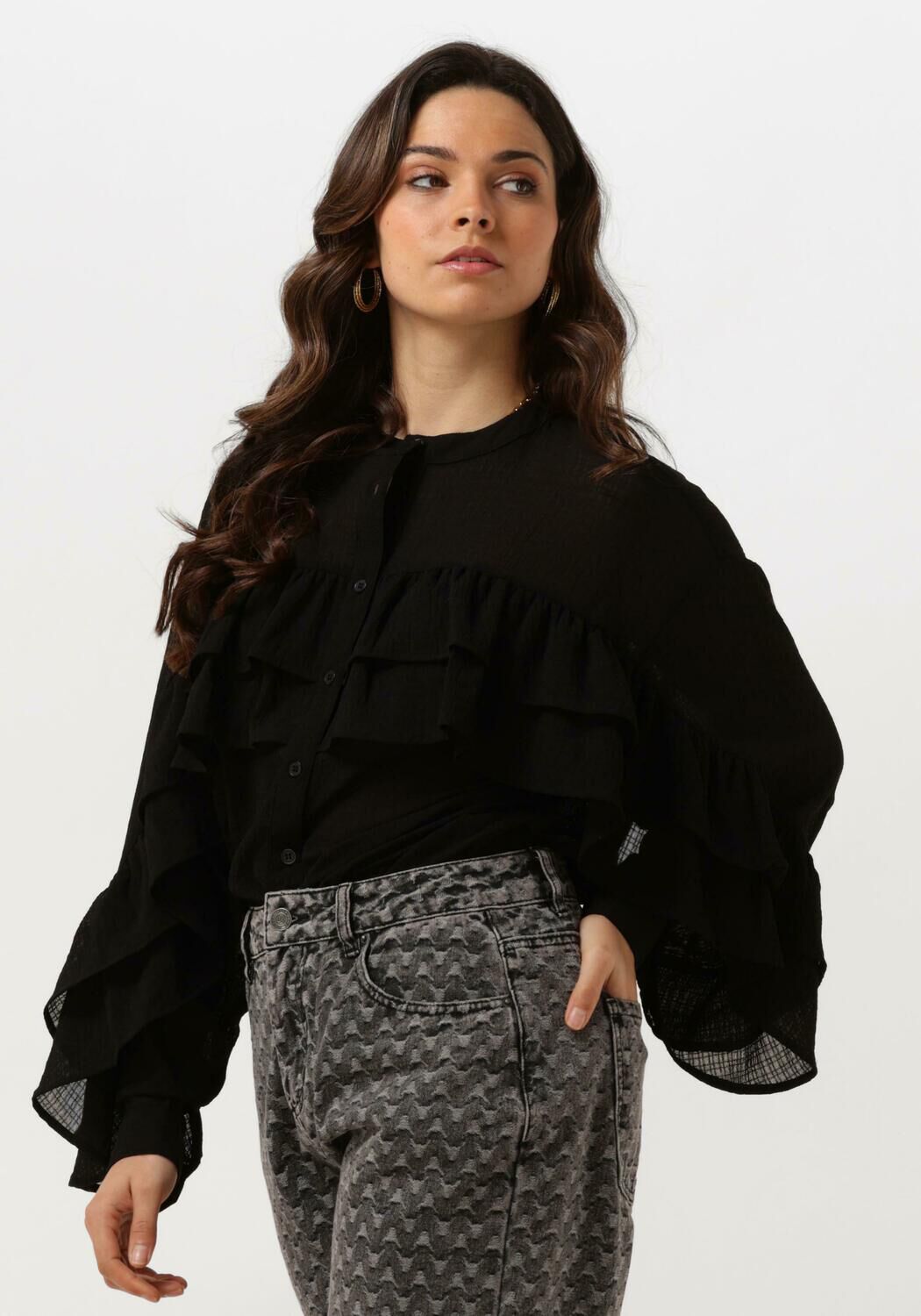 Black chiffon ruffle blouse on sale