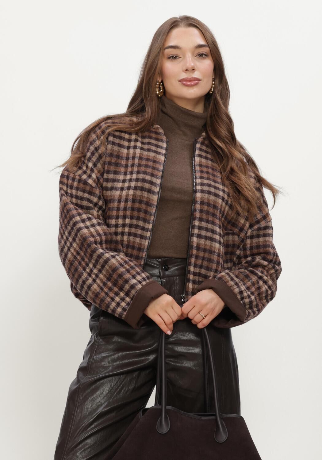 Braune RUBY TUESDAY Jack CIDORE WOOLEN CHECK BOMBER JACKET - large