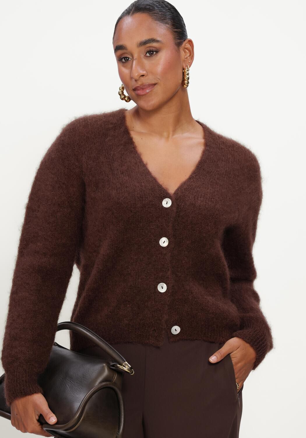 Braune TWNS Strickjacke BUTTONED V-NECK LONG-SLEEVE CARDIGAN - large