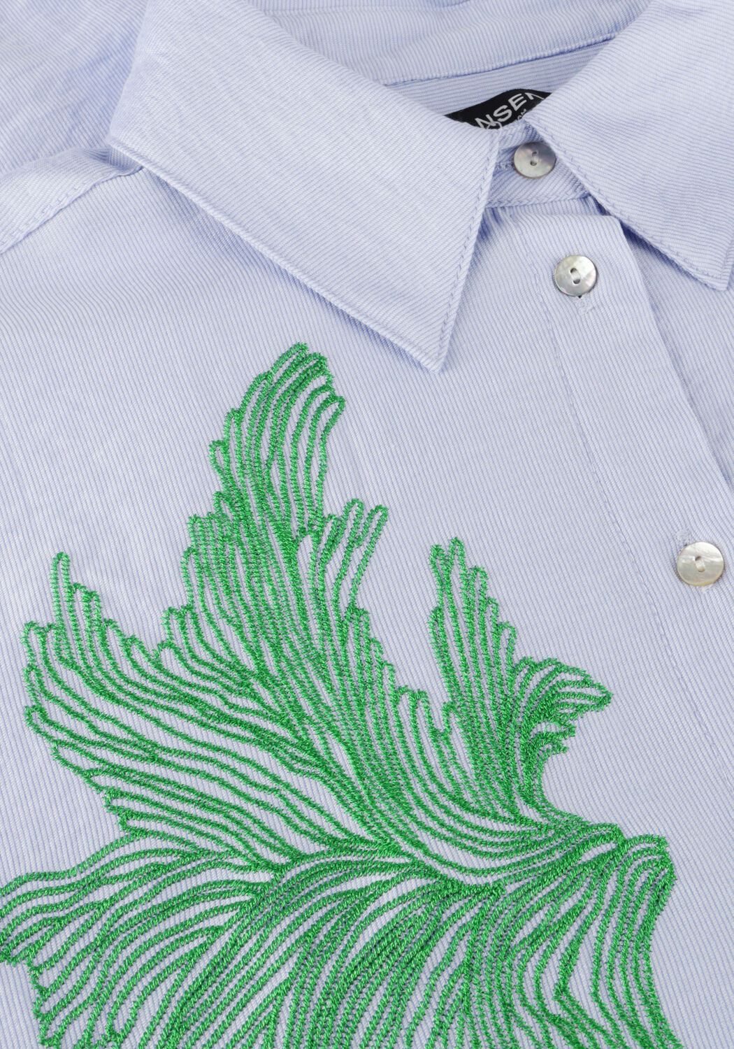 Blaue JANSEN AMSTERDAM Blusen ODESSA BLOUSE FS 707 3/4 PUFFED SLEEVE GREEN EMBROIDERY - large