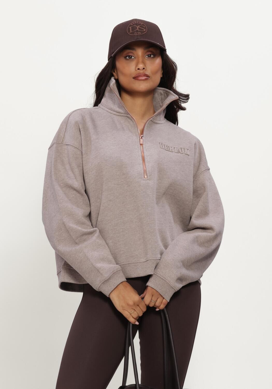 Taupe DEBLON SPORTS Sweatshirt AISHA HALF ZIP SWEATER - large