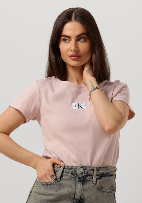 Hell-Pink CALVIN KLEIN T-shirt WOVEN LABEL RIB SLIM TEE - large