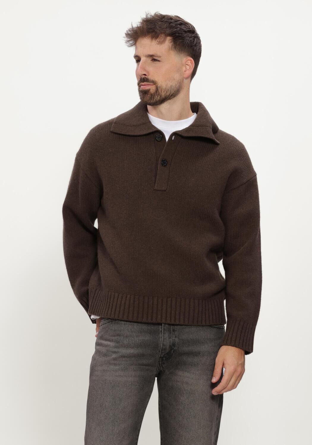 Braune SELECTED MEN Polo-Shirt SLMCODY LS KNIT POLO COLLAR - large