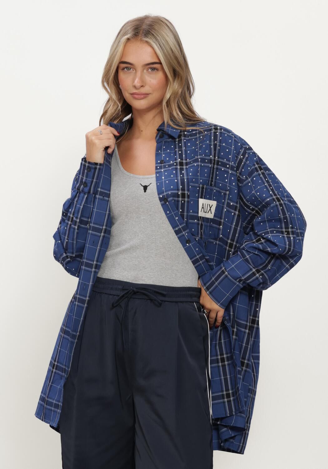 Dunkelblau ALIX THE LABEL Blusen LADIES WOVEN STUDDED CHECK BLOUSE DRESS - large