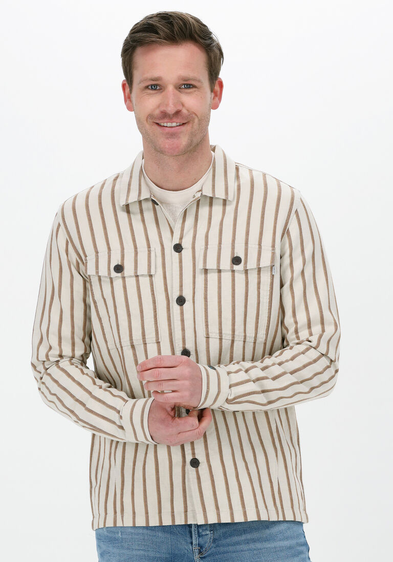 beige cast iron overshirt long sleeve shirt cotton- linen twill stripe