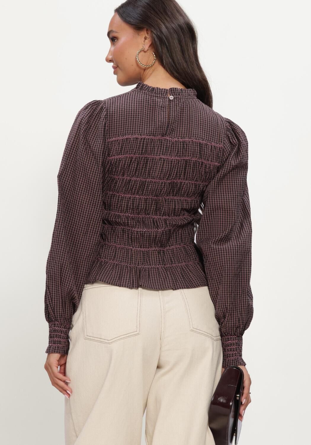 Braune NEO NOIR Top OLIANA CHECK BLOUSE - large