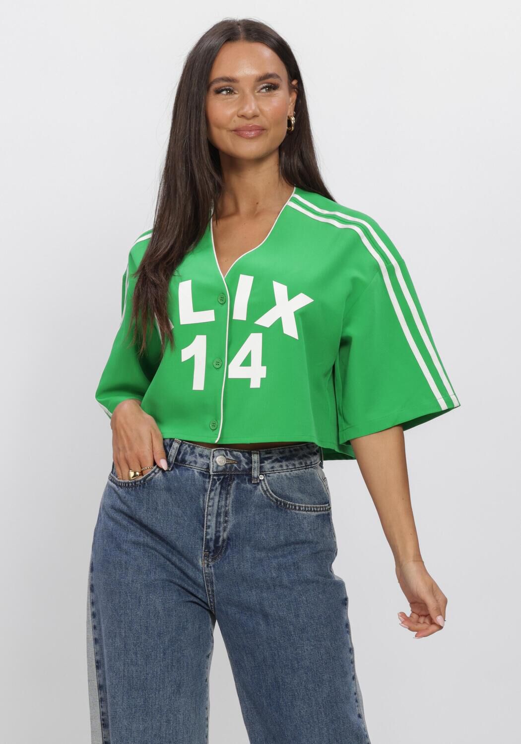 Gr&uuml;ne ALIX THE LABEL Tops & T-shirts LADIES WOVEN CROPPED BASEBALL SHIRT - large