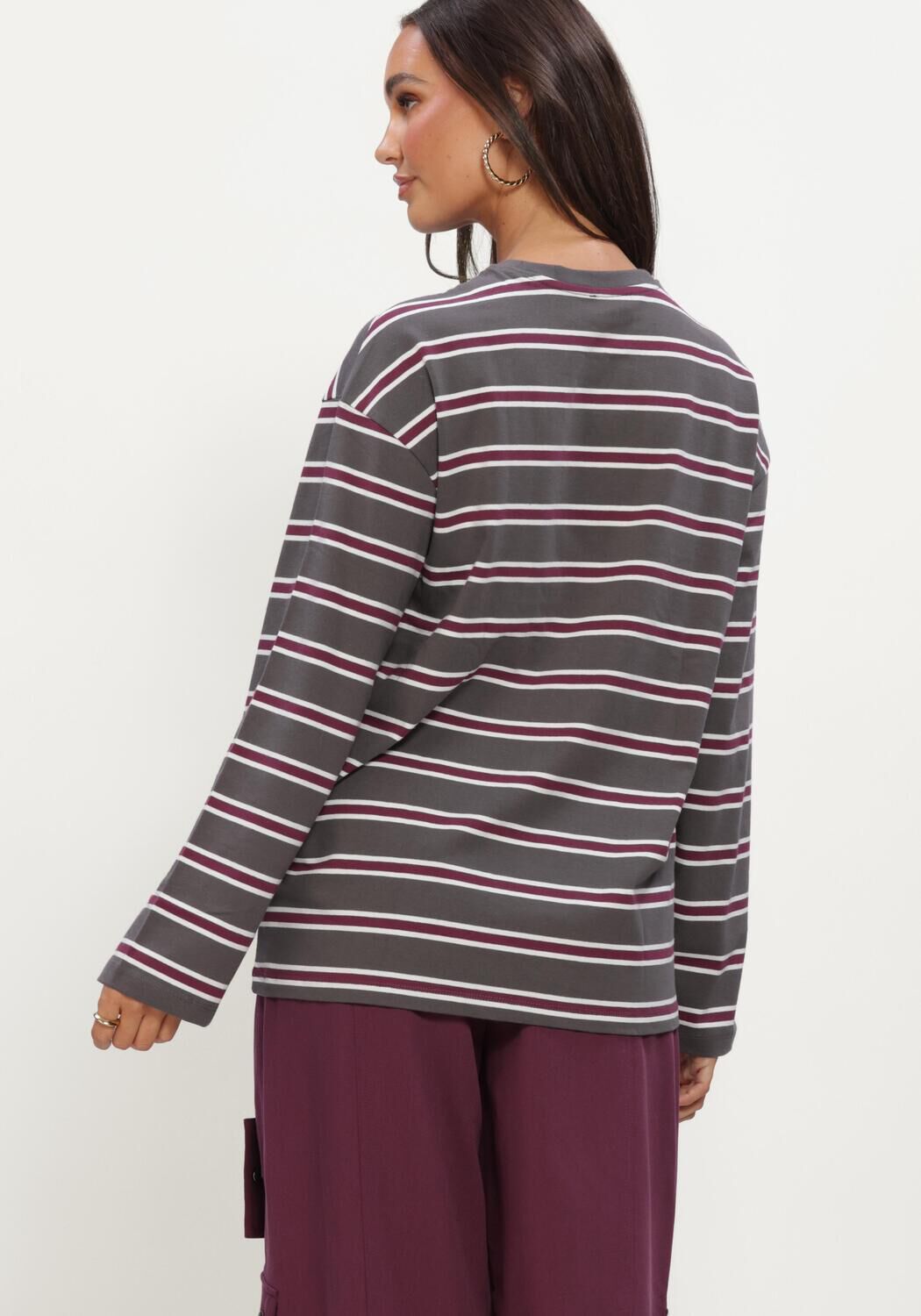 Graue ALIX THE LABEL Tops & T-shirts LADIES KNITTED STRIPE LONGSLEEVE T-SHIRT - large