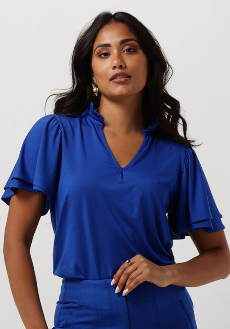 Blaue JANSEN AMSTERDAM Top TC136 TOP SHORT RUFFLED SLEEVE V-NECK - large